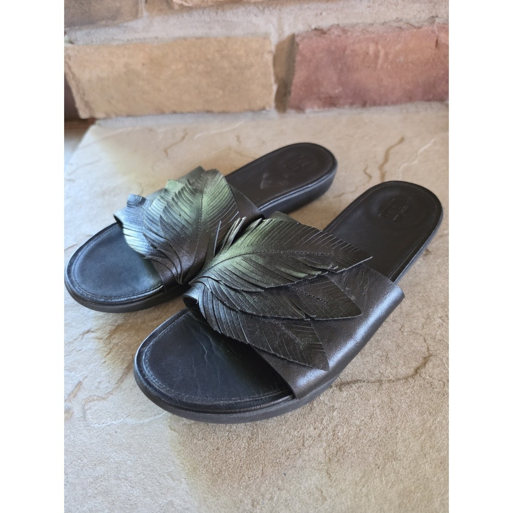 FitFlop Sola Feather Leather Slide Sandal Womens US 10 Black